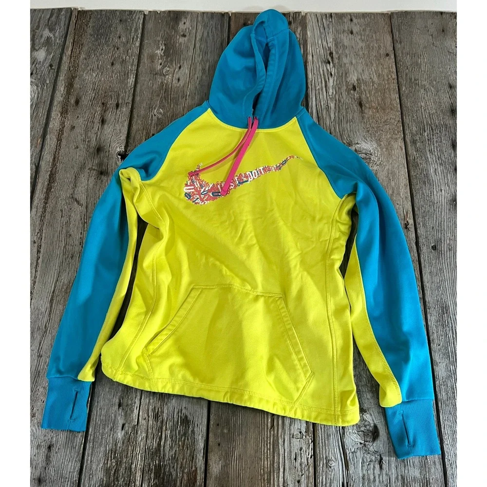 Nike Therma-FIT Hoodie Womens Small Neon Yellow Blue Colorblock Swoosh Pullover